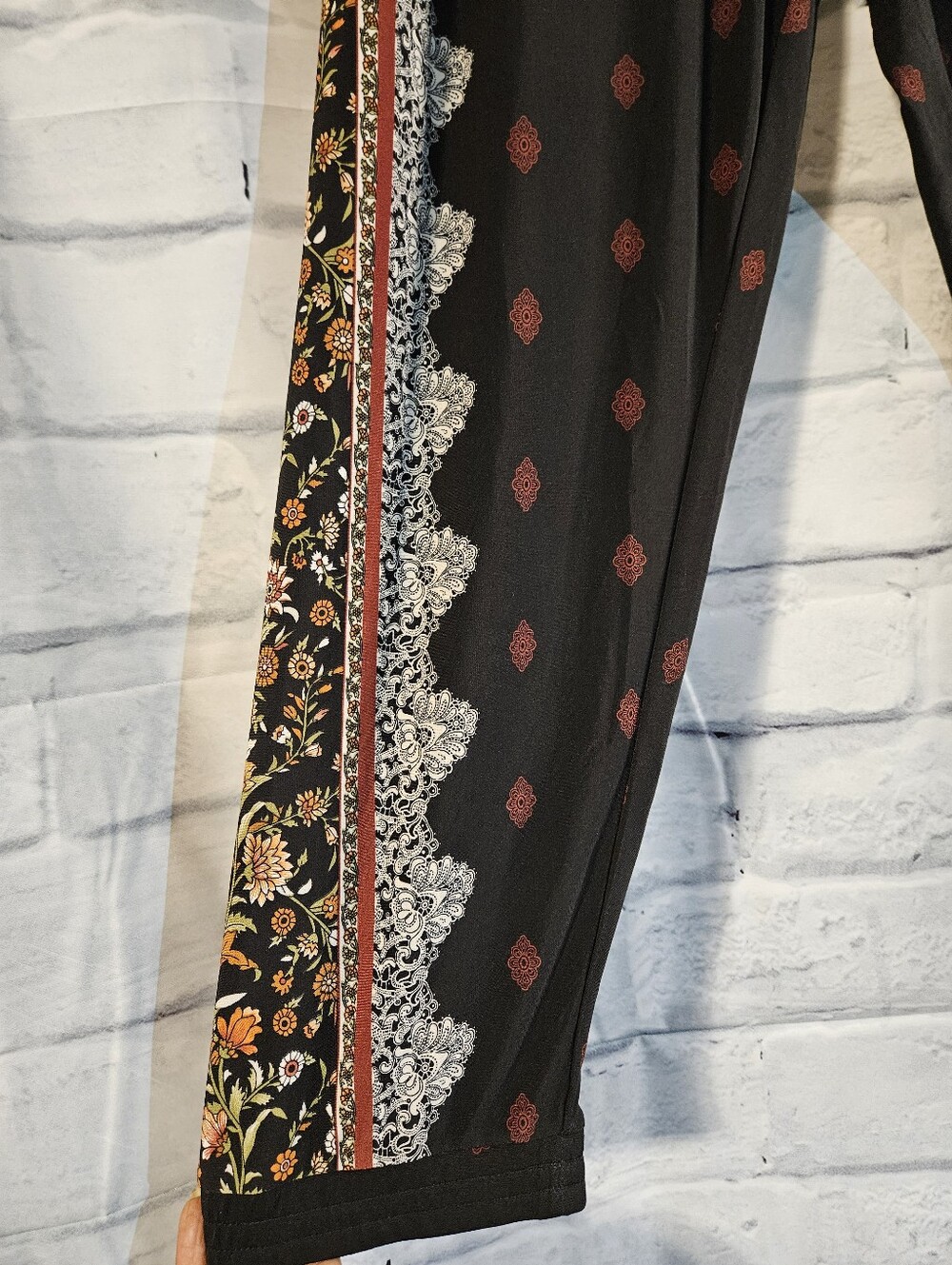 Susan Graver Black Wide-Leg Printed Pants with Rust Motifs - Picture 4 of 8